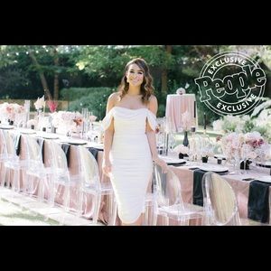 Carlotta Ivory Ruched Off the Shoulder Dress!